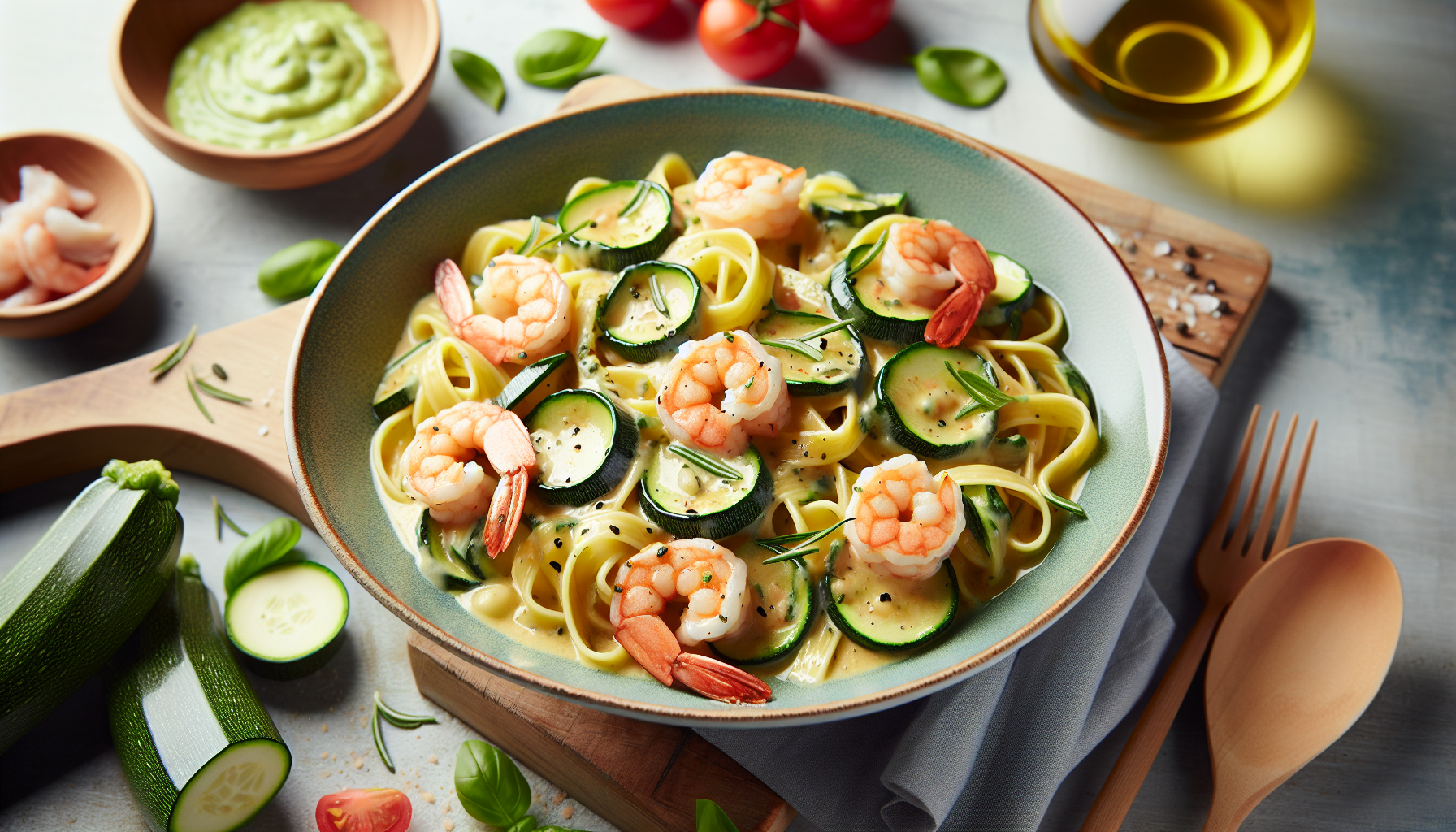 Pasta con crema di zucchine e gamberi